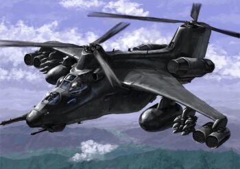 Rule 34 | aircraft, attack helicopter, blue sky, bomb, cloud, commentary request, day, explosive, flying, gun, helicopter, highres, machine gun, midair, military vehicle, missile, missile pod, original, outdoors, pilot, rocket, sky, tyokugekidato, weapon