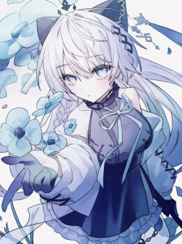 Rule 34 | 1girl, arcaea, bare shoulders, black bow, black dress, black gloves, blue eyes, blue flower, blue ribbon, bow, braid, breasts, closed mouth, collarbone, commentary, cowboy shot, cross-laced clothes, cross-laced sleeves, dress, flower, frilled dress, frills, gloves, hair between eyes, hair bow, hair intakes, half gloves, highres, jacket, long hair, long sleeves, looking at viewer, medium breasts, neck ribbon, open clothes, open jacket, pia nano, ribbon, sleeveless, sleeveless dress, solo, standing, very long hair, white background, white hair, white jacket