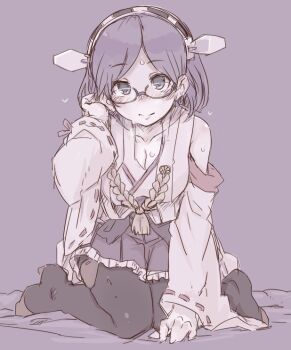 1girl 7010 bad_id bare_shoulders blush breasts cleavage closed_mouth detached_sleeves frilled_skirt frills glasses hair_behind_ear headgear heart high_heels japanese_clothes kantai_collection kirishima_(kancolle) looking_at_viewer muted_color nontraditional_miko pantyhose ribbon-trimmed_sleeves ribbon_trim short_hair simple_background sitting skirt solo sweat wide_sleeves