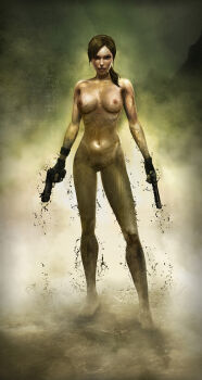 1girl dual_wielding female_focus fingerless_gloves gloves gun handgun highres holding lara_croft mud nude nude_filter pistol solo tan tanline third-party_edit tomb_raider weapon