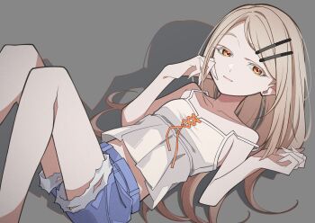 1girl absurdres blonde_hair blue_shorts breasts camisole collarbone commentary_request denim denim_shorts drop_shadow earrings feet_out_of_frame flipped_hair gakuen_idolmaster gradient_hair grey_background grey_hair hair_ornament hairclip hand_to_own_mouth highres idolmaster jewelry kafueore knees_up long_hair looking_at_viewer lying midriff multicolored_hair on_back orange_eyes orange_ribbon parallel_hairclips parted_bangs parted_lips ribbon shinosawa_hiro shorts simple_background small_breasts smile solo strap_slip stud_earrings white_camisole