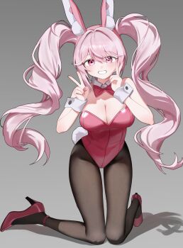 1girl absurdres alice_(nikke) alice_(wonderland_bunny)_(nikke) alternate_costume animal_ear_hairband animal_ears arms_up bare_shoulders black_pantyhose blush bow bowtie breasts cleavage collar commentary_request detached_collar double_v eb_030 fake_animal_ears full_body goddess_of_victory:_nikke gradient_background grey_background grin hair_between_eyes hairband high_heels highres kneeling korean_commentary large_breasts leotard long_hair long_sidelocks looking_at_viewer pantyhose pink_bow pink_bowtie pink_eyes pink_hair pink_leotard pink_nails pink_shoes playboy_bunny rabbit_ear_hairband rabbit_ears rabbit_tail shadow shoes sidelocks simple_background smile solo tail twintails v v_v very_long_hair wavy_hair white_collar wrist_cuffs