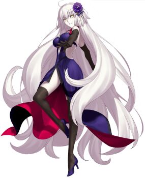 Rule 34 | 1girl, ahoge, bare shoulders, black gloves, black thighhighs, breasts, dress, elbow gloves, fate/grand order, fate (series), flower, full body, gloves, hair between eyes, hair flower, hair ornament, hand up, high heels, highres, jeanne d'arc alter (fate), jeanne d'arc alter (violette vengeur) (fate), large breasts, long hair, looking at viewer, non-web source, official alternate costume, official alternate hairstyle, official art, pale skin, pink dress, pink ribbon, purple dress, purple flower, purple shoes, ribbon, shoes, simple background, sleeveless, sleeveless dress, smile, solo, standing, standing on one leg, teeth, thighhighs, thighs, transparent background, two-sided dress, two-sided fabric, very long hair, wavy hair, white hair, yellow eyes