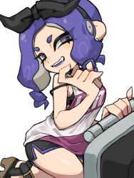 Rule 34 | 1girl, absurdres, black bra, black hairband, black shorts, blush, bra, fang, hairband, highres, ikachan pochan, long hair, looking at viewer, nintendo, octoling girl, octoling player character, off shoulder, open mouth, purple eyes, purple hair, sandals, short shorts, shorts, simple background, sitting, solo, splatoon (series), tank top, tentacle hair, underwear, white background, white tank top