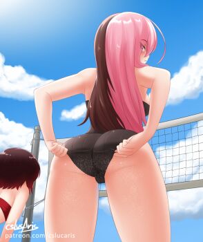 2girls adjusting_clothes adjusting_swimsuit ass beach_volleyball bikini bikini_top_only black_bikini blue_sky brown_hair cloud cslucaris day eyes_visible_through_hair female_focus from_behind from_below leaning_forward legs_apart long_hair looking_at_viewer looking_back multicolored_hair multiple_girls neopolitan_(rwby) outdoors parted_lips pink_eyes pink_hair red_bikini red_hair ruby_rose rwby short_hair signature sky solo_focus split-color_hair straight_hair swimsuit thighs two-tone_hair watermark web_address