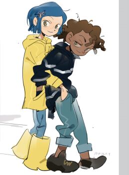 1boy 1girl arrcticc_fish black_jacket blue_hair boots brown_hair commentary coraline_(movie) coraline_jones dark-skinned_male dark_skin english_commentary freckles green_eyes hands_in_another&#039;s_pockets highres hug hug_from_behind jacket kinky_hair looking_at_viewer raincoat short_hair simple_background white_background wybie_lovat yellow_raincoat