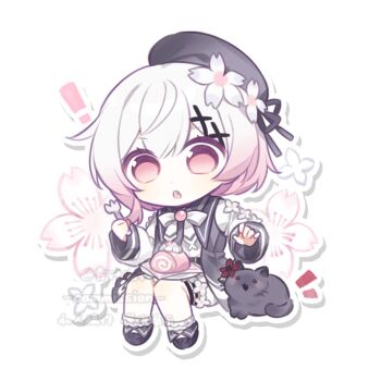 1girl :o animalization beret black_hat black_shoes cake cherry_blossoms chibi chibi_only commentary_request commission flower food fork full_body gradient_hair hair_flower hair_ornament hat holding holding_fork long_sleeves mahou_shoujo_no_majo_saiban mimi_(chenzi0809) multicolored_hair neck_ribbon nikaido_hiro open_mouth pink_eyes pink_hair ribbon sakuraba_ema shoes short_hair sitting swiss_roll white_flower white_hair white_ribbon x_hair_ornament