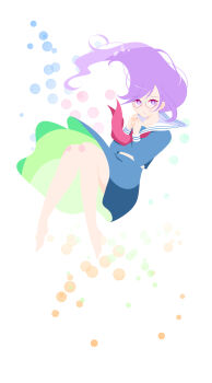 1girl barefoot blue_serafuku blue_shirt blue_skirt bright_pupils closed_mouth collared_shirt commentary_request danganronpa_(series) danganronpa_another_episode:_ultra_despair_girls eyelashes floating_hair fukawa_toko full_body glasses highres long_hair long_sleeves mole mole_under_mouth neckerchief no_lineart purple_eyes purple_hair red_neckerchief round_eyewear sailor_collar school_uniform serafuku shirt skirt skirt_set solo teba_bate white_background white_pupils white_sailor_collar