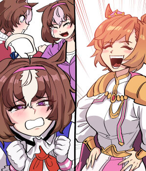 Rule 34 | 2girls, :d, ^ ^, ahoge, animal ears, blush, breasts, brown hair, clenched hands, clenched teeth, closed eyes, crown, dinoyhs, emphasis lines, gloves, hairband, half-closed eyes, hands on own hips, highres, horse ears, jacket, long sleeves, medium breasts, meisho doto (turbulent blue) (umamusume), meisho doto (umamusume), mini crown, multicolored hair, multiple girls, open mouth, pink hairband, puffy long sleeves, puffy sleeves, purple eyes, purple jacket, red jacket, shirt, simple background, smile, t.m. opera o (o sole suo!) (umamusume), t.m. opera o (umamusume), tears, teeth, track jacket, two-tone hair, umamusume, white background, white gloves, white hair, white jacket, white shirt