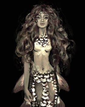 1girl absurdres arm_behind_back black_background black_eyes brown_hair carp commentary curly_hair english_commentary expressionless facing_viewer floating floating_hair highres long_hair looking_at_viewer mermaid monster_girl original scales simple_background solo straight-on twulfs