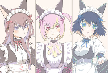 3girls :o akiha_rumiho alternate_costume animal_ears apron aqua_eyes ascot belt_around_waist black_hair blush bob_cut breasts brown_hair cat_ears clothes_lift commentary_request conventional_maid enmaided fake_animal_ears hair_ornament hand_in_own_hair long_hair looking_at_viewer looking_to_the_side maid maid_apron maid_headdress makise_kurisu mayqueen_maid_uniform medium_breasts multiple_girls no_wig pink_eyes pink_hair pout rocni science_adventure shiina_mayuri short_hair sideways_glance skirt skirt_lift small_breasts smile steins;gate white_ascot