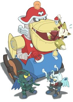 3boys absurdres android animal_ears arm_up armor beard bell bird bird_boy black_eyes blue_wings claws colored_sclera commentary_request crossed_arms crossover crow facial_hair fewer_digits flying_sweatdrops fox_boy fox_ears fox_tail furry furry_male green_armor green_helmet hand_fan hand_on_own_head helmet highres holding holding_fan japanese_clothes joints k_katora karamaru karasu_gennarisai katana kimono kitsunezuka_ko'on-no-kami kyatto_ninden_teyandee light_bulb looking_at_another mecha mechanical_ears mechanical_tail multiple_boys mustache old old_man open_mouth red_kimono robot robot_joints shadow sheath sheathed simple_background standing stuck sword sword_on_back tail time_bokan_(series) weapon weapon_on_back white_background white_hair wings yatter-pelican yatterman yellow_sclera