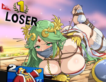 1girl absurdres ass bdsm blush bondage bound breasts cleavage defeat gag gagged green_eyes green_hair highres improvised_gag kid_icarus king_dedede kirby_(series) large_breasts nintendo palutena parted_bangs restrained shibari solo super_smash_bros. sweat tape tape_gag tiedtiki