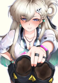 1girl absurdres blonde_hair blue_eyes blush breasts cleavage giving headphones headphones_around_neck highres holding holding_shoes holding_unworn_clothes jyu1206 long_hair looking_at_viewer lynae_(wuthering_waves) parted_lips presenting shoes smile socks unworn_shoes unworn_socks wuthering_waves