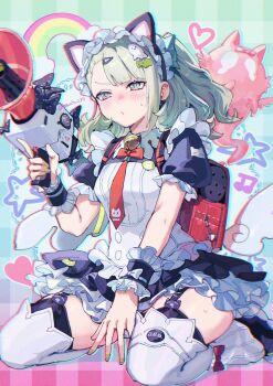 Rule 34 | 1girl, :/, animal ear hairband, animal ears, bell, black dress, black garter straps, blush, cat ear hairband, cat ears, checkered background, closed mouth, commentary request, dress, fake animal ears, frilled dress, frilled sleeves, frills, garter straps, ghost hair ornament, gradient background, green eyes, green hair, green nails, hair ornament, hairband, heart, heart hair ornament, highres, holding, holding megaphone, imoraisu, maid, maid headdress, megaphone, multiple hair clips, musical note, neck bell, necktie, official alternate costume, ponytail, rainbow, red bag, red necktie, seiza, sitting, solo, star (symbol), sunna (afternoon tea break) (zenless zone zero), sunna (zenless zone zero), sweat, twitter username, white wings, winged bag, wings, zenless zone zero