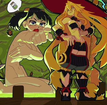 2girls blonde_hair bone_nigi character_request covering_breasts covering_privates disgaea groin hat highres hyakkihei majo_to_hyakkihei makai_senki_disgaea_2 metallica_(majo_to_hyakkihei) multiple_girls navel nude sharp_teeth short_shorts shorts smile tagme teeth witch_hat