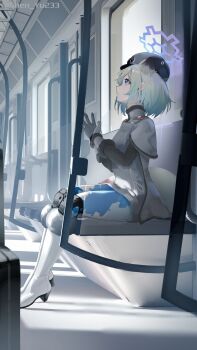 Rule 34 | 1girl, absurdres, animal ears, aqua hair, black hat, blue archive, blue halo, blue pants, boots, commentary, extra ears, from side, gloves, grey jacket, halo, hat, high heel boots, high heels, highres, jacket, knee boots, looking up, pants, profile, purple eyes, shen yu233, shigure (blue archive), short hair, sitting, solo, tail, train interior, weasel ears, weasel girl, weasel tail, white boots, white gloves