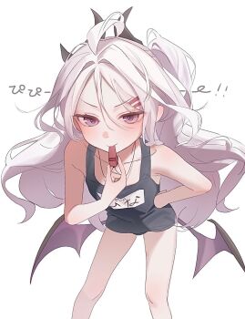 Rule 34 | 0219 142, 1girl, ahoge, blue archive, blue one-piece swimsuit, closed mouth, collarbone, commentary, contrapposto, demon girl, demon horns, demon wings, feet out of frame, flat chest, grey eyes, grey hair, hand on own hip, hand up, highres, hina (blue archive), hina (swimsuit) (blue archive), horns, leaning forward, long hair, looking at viewer, low wings, multiple horns, name tag, no halo, official alternate costume, old school swimsuit, one-piece swimsuit, parted bangs, purple wings, school swimsuit, simple background, solo, standing, swimsuit, symbol-only commentary, translation request, very long hair, whistle, whistle around neck, whistling, white background, wings