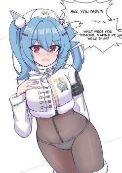 Rule 34 | 1girl, :o, absurdres, blanc (fortune express) (nikke), blanc (nikke), blanc (nikke) (cosplay), blue hair, blush, boots, breasts, colphne (girls' frontline 2), cosplay, cropped jacket, english text, girls' frontline, girls' frontline 2: exilium, goddess of victory: nikke, groin, hair between eyes, hair ornament, hairclip, hand on own chest, hand up, hat, heart, heart in eye, highleg, highres, hip focus, jacket, medium hair, navel, no bra, panties, pantyhose, red eyes, risu (risu028), see-through pantyhose, small breasts, solo, symbol in eye, thigh boots, thighs, twintails, underwear, white jacket, white panties