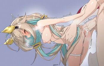 1boy 1girl ;d ahoge blonde_hair blue_hair breasts completely_nude cum cum_in_pussy dragon_girl dragon_horns dragon_tail hetero horns long_hair medium_breasts motion_lines multicolored_hair nude one_eye_closed open_mouth phase_connect sex sex_from_behind smile standing standing_sex tail tilt-shift_(azalanz) trembling twitter_username utatane_nasa vaginal virtual_youtuber