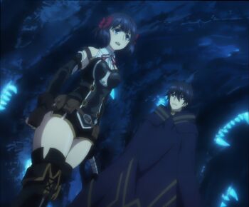 1boy 1girl anime_screenshot black_hair black_romper black_shorts black_thighhighs blue_eyes blunt_bangs breasts brown_gloves cape cave center_frills fingerless_gloves frilled_shirt frills gloves highres krai_andrey medium_breasts medium_hair nageki_no_bourei_wa_intaishitai neck_ribbon red_ribbon ribbon romper serious shirt short_shorts shorts sleeveless sleeveless_shirt stitched thick_thighs thighhighs thighs third-party_edit tino_shade white_shirt wide_hips