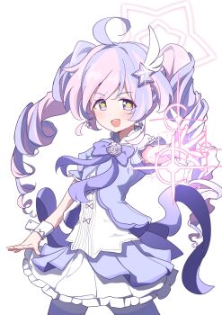 Rule 34 | 1girl, absurdres, balenjeong, blue archive, blush, casting spell, commentary request, drill hair, halo, highres, jacket, korean commentary, long hair, looking at viewer, multicolored hair, official alternate costume, official alternate hairstyle, open mouth, petticoat, pink hair, pink halo, purple hair, purple jacket, purple skirt, purple thighhighs, reisa (blue archive), reisa (magical) (blue archive), shirt, short sleeves, skirt, solo, star-shaped pupils, star (symbol), symbol-shaped pupils, thighhighs, twin drills, two-tone hair, white shirt, wrist cuffs