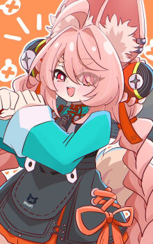 1girl ahoge animal_ear_fluff animal_ear_piercing animal_ears braid braided_twintails bright_pupils chinese_clothes commentary_request furry furry_female green_shirt hair_between_eyes hair_intakes holding holding_sword holding_weapon long_hair looking_at_viewer open_mouth orange_background pink_fur pink_hair rabbit_girl rabbit_tail red_eyes screw shimotsukiya shirt short_eyebrows solo sword tail teeth thick_eyebrows upper_body upper_teeth_only weapon white_pupils zenless_zone_zero zhao_(zenless_zone_zero)
