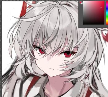 Rule 34 | 1girl, art program in frame, closed mouth, collared shirt, color picker, commentary, facial scar, fujiwara no mokou, hair between eyes, long hair, looking at viewer, portrait, pudding (skymint 028), red eyes, scar, scar on cheek, scar on face, shirt, simple background, solo, suspenders, touhou, untranslatable commentary, white background, white hair, white shirt