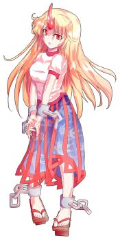 1girl alcohol alphes_(style) blonde_hair breasts chain commentary_request cuffs cup dairi full_body geta highres horns hoshiguma_yuugi large_variant_set leaf_print long_hair long_skirt medium_breasts panties parody parted_bangs print_skirt puffy_short_sleeves puffy_sleeves sake see-through_clothes shackles shirt short_sleeves single_horn skirt solo standing style_parody tachi-e touhou transparent_background underwear variant_set white_shirt