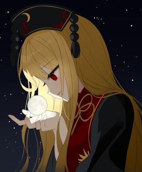 1girl alternate_size black_dress blonde_hair chimi_(s2yuyukos2) chinese_clothes commentary dalachi_(headdress) dress giant giantess highres junko_(touhou) long_hair moon open_mouth red_eyes red_tabard sideways_mouth smile solo space star_(sky) tabard touhou very_long_hair