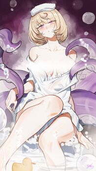 1girl :o absurdres bare_legs bare_shoulders blonde_hair blush breasts breasts_apart bubble chinese_commentary clothes_lift collarbone commentary convenient_censoring dress dress_lift feet_out_of_frame half-closed_eyes highres large_breasts looking_at_viewer off_shoulder pink_eyes rubber_duck short_hair signature sitting soap_bubbles solo steam steam_censor tentacles towel towel_on_head water white_dress yidhari_murphy yisjhui zenless_zone_zero