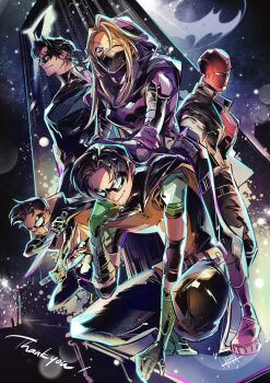 1girl bat_signal batman_(series) belt black_bodysuit black_gloves black_hair blue_bodysuit bodysuit boots breasts brothers brown_jacket cape damian_wayne dc_comics dick_grayson domino_mask emblem eye_mask gloves grey_bodysuit helmet highres jacket jason_todd long_hair looking_at_viewer mask medium_breasts multicolored_bodysuit multiple_boys muscular muscular_male open_clothes pants red_headwear red_hood_(dc) red_mask robin_(dc) short_hair siblings smile spoiler_(dc) stephanie_brown superhero_costume tim_drake tokitokororo two-tone_bodysuit utility_belt yellow_cape