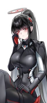 Rule 34 | 1girl, black bodysuit, black gloves, black hair, black halo, black jacket, blue archive, blunt bangs, bodysuit, breasts, bright pupils, closed mouth, commentary, crossed legs, gloves, hair ornament, halo, hand up, highres, impossible bodysuit, impossible clothes, jacket, jacket on shoulders, large breasts, latex, latex bodysuit, long hair, multicolored halo, official alternate costume, official alternate hairstyle, ponytail, red eyes, ringed eyes, rio (blue archive), rio (bodysuit) (blue archive), sidelocks, simple background, sitting, skin tight, solo, tweak (ggs tweak), two-tone halo, very long hair, white background, white pupils