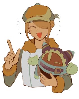 1boy 1other :d aka012060 blonde_hair closed_eyes commentary_request crossover fur-trimmed_sleeves fur_trim hair_bun hair_over_eyes hand_up happy hat highres holding index_finger_raised kirby_(series) long_sleeves magolor male_focus nintendo one_eye_closed open_mouth pokemon pokemon_legends:_arceus rayman_limbs simple_background smile volo_(pokemon) white_background