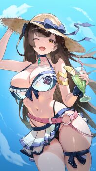 1girl ;o absurdres alternate_costume arm_up armlet bare_shoulders belt bikini bikini_skirt black_bikini black_hair blue_choker blue_sky braid breasts brown_hair choker cleavage collarbone commentary cowboy_shot cup english_commentary epic_seven frilled_bikini frills front-tie_bikini_top front-tie_top halterneck hat highleg highleg_bikini highres holding holding_cup jewelry karin_(epic_seven) large_breasts long_hair looking_at_viewer loose_belt navel official_alternate_costume one_eye_closed open_mouth orange_eyes skindentation skirt sky smile solo stomach strap_gap straw_hat string_bikini swimsuit thick_thighs thigh_strap thighs tinkst tropical_drink very_long_hair wet white_bikini white_skirt