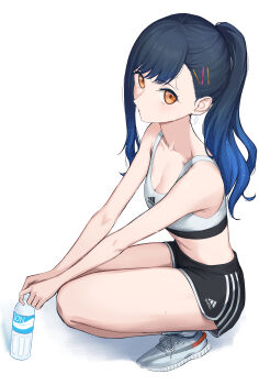 1girl absurdres adidas arms_on_knees bare_arms bare_legs black_hair black_shorts blue_hair bottle brand_name_imitation breasts cleavage collarbone commentary dolphin_shorts duplicate earrings from_above from_side full_body gradient_hair grey_shoes hair_ornament hairclip highres holding holding_bottle jewelry light_blush long_hair looking_at_viewer looking_up midriff multicolored_hair navel orange_eyes parted_lips pixel-perfect_duplicate ponytail project_sekai shadow shiraishi_an shoes short_shorts shorts simple_background single_sidelock sjuno small_breasts sneakers solo sports_bra squatting star_(symbol) star_earrings sweat swept_bangs thighs v_arms water_bottle water_gun white_background white_sports_bra
