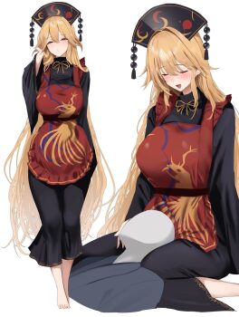 1boy 1girl 258n :d apron barefoot black_dress blonde_hair breasts closed_eyes dalachi_(headdress) dress faceless faceless_male full_body hand_in_own_hair highres junko_(touhou) lap_pillow large_breasts long_hair long_sleeves multiple_views neck_ribbon open_mouth parted_lips print_apron red_apron red_eyes ribbon simple_background sitting smile touhou turtleneck very_long_hair white_background wide_sleeves yellow_ribbon