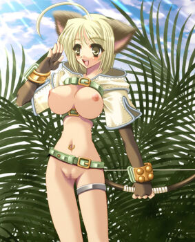 1girl :d ahoge animal_ears bad_id belt belt_buckle blonde_hair blue_sky bow_(weapon) breasts brown_gloves buckle cat_ears censored cloud day elbow_gloves fingerless_gloves gloves green_belt hakoiri_nyanko hand_up holding holding_bow_(weapon) holding_weapon huge_ahoge hunter_(ragnarok_online) jewelry large_breasts legs_apart light_rays loose_belt mosaic_censoring navel navel_piercing nipples open_mouth outdoors piercing pussy ragnarok_online short_hair sky smile solo standing teeth thighlet upper_teeth_only weapon yellow_eyes