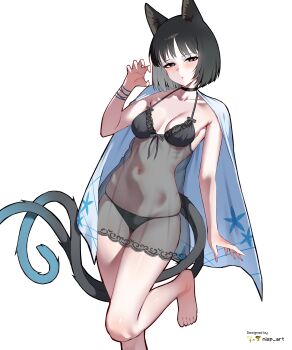 1girl absurdres alternate_costume animal_ears artist_name bare_legs black_bra black_choker black_hair blue_archive blush bra breasts breasts_apart cat_ears cat_girl cat_tail choker claw_pose collarbone haori highres japanese_clothes kikyou_(blue_archive) looking_at_viewer medium_breasts multiple_tails nisp_art see-through_clothes short_hair simple_background solo standing standing_on_one_leg tail toes underwear white_background