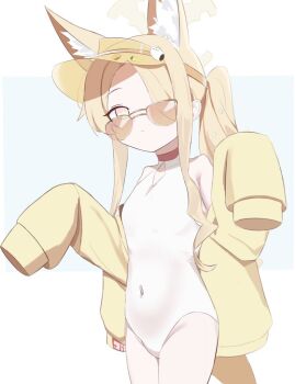 1girl above-cleavage_cutout animal_ear_fluff animal_ears blonde_hair blue_archive blue_background breasts closed_mouth clothing_cutout covered_navel cowboy_shot cross_halo diamond_cutout fox_ears fox_girl halo highleg jacket jacket_partially_removed loli long_hair looking_at_viewer official_alternate_costume one-piece_swimsuit open_clothes open_jacket orange-tinted_eyewear seia_(blue_archive) seia_(swimsuit)_(blue_archive) si_shirono side_ponytail sleeves_past_fingers sleeves_past_wrists small_breasts solo sunglasses swimsuit tail tinted_eyewear two-tone_background visor_cap white_background white_one-piece_swimsuit yellow_halo yellow_jacket yellow_visor
