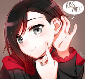 ! !! 1girl black_hair blush english_text eyes_visible_through_hair female_focus grey_background grey_eyes looking_at_viewer multicolored_hair ndgd pointing pointing_at_self pov red_hair ruby_rose rwby short_hair simple_background smile solo speech_bubble two-tone_hair