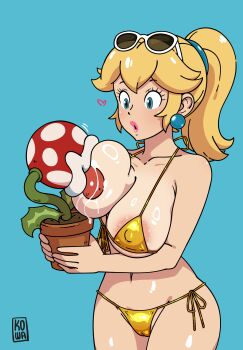 1girl areola_slip artist_name bikini blue_eyes blush breast_sucking breasts cameltoe covered_erect_nipples gold_bikini heart highres kowaworks large_breasts legs long_hair mario_(series) navel nintendo one_breast_out pink_lips piranha_plant ponytail princess princess_peach puckered_lips side-tie_bikini_bottom sideboob sunglasses_on_head surprised swimsuit thighs