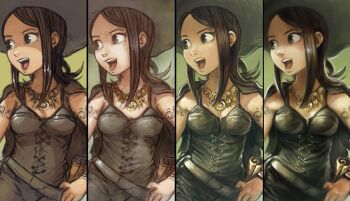 1girl arm_tattoo bracelet breasts brown_hair cape collar cross-laced_clothes david_revoy grey_eyes hand_on_own_hip hat how_to jewelry long_hair looking_to_the_side medium_breasts multiple_persona non-web_source open_mouth pepper&amp;carrot pepper_(pepper&amp;carrot) scroll sequential tattoo teeth upper_teeth_only waist_bag