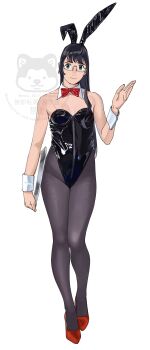 1girl absurdres animal_ear_hairband animal_ears artist_logo black_hair black_leotard black_pantyhose bow bowtie dated detached_collar fake_animal_ears full_body green_eyes hairband high_heels highres kantai_collection leotard logo long_hair ojipon ooyodo_(kancolle) pantyhose playboy_bunny rabbit_ears rabbit_tail red_bow red_bowtie red_shoes see-through_strap shoes simple_background solo strapless strapless_leotard tail tray white_background wrist_cuffs