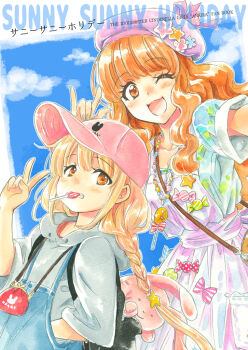 2girls \n/ baseball_cap beret black_bag blonde_hair braid braided_ponytail brown_eyes candy commentary_request dress english_text fanbook food futaba_anzu grey_hoodie hat holding holding_candy holding_food holding_lollipop hood hoodie idolmaster idolmaster_cinderella_girls jewelry lollipop looking_at_viewer marine_(confeitokobo) moroboshi_kirari multicolored_dress multicolored_nails multiple_girls necklace one_eye_closed orange_hair overalls sky stuffed_animal stuffed_toy v wallet