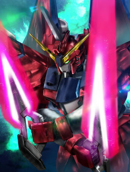 Rule 34 | absurdres, commentary request, dual wielding, energy sword, green eyes, gundam, gundam seed, gundam seed freedom, highres, holding, holding beam saber, holding sword, holding weapon, immortal justice gundam, mecha, mecha focus, mobile suit, nicobear (user rpsz5355), no humans, robot, science fiction, solo, sword, upper body, v-fin, weapon