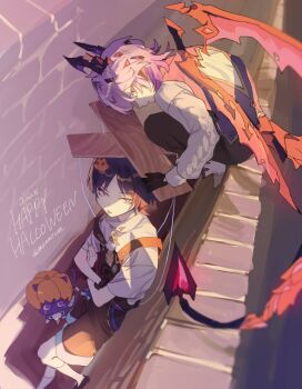 2025 2boys against_wall animalization aqua_gemstone back_cutout black_gloves black_hair black_horns black_overalls black_pants black_shoes blunt_ends casual cat cat_hair_ornament clothing_cutout contemporary crossed_arms dated dragon_boy dragon_horns dragon_tail dragon_wings eyeliner eyeshadow feathers fingernails foot_up gem genshin_impact gloves gold_trim grey_eyes hair_ornament halloween halloween_costume hand_on_own_arm happy_halloween hat heart heart_tail highres horns kneehighs long_sleeves looking_at_viewer looking_back looking_up makeup marionette marionette_controller meameeea mini_durin_(genshin_impact) mini_durin_(human)_(genshin_impact) multiple_boys official_alternate_costume on_wall open_mouth overalls pants parted_bangs person_and_animalization pink_hat pink_wings pom_pom_(clothes) pumpkin_hat puppet purple_cat purple_horns purple_vest red_eyeliner red_eyes red_eyeshadow scaramouche_(cat)_(genshin_impact) scaramouche_(genshin_impact) shirt shoes short_sleeves sideways_mouth socks squatting strap_slip tail tongue tongue_out tsurime twitter_username two-sided_horns vest wanderer_(genshin_impact) white_shirt white_shoes white_sleeves white_socks wings yellow_feathers