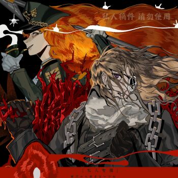 1boy 1girl artist_request brown_coat brown_gloves brown_hair check_artist chinese_commentary coat commentary_request gloves green_hat green_jacket hat heathcliff_(project_moon) highres ishmael_(project_moon) jacket limbus_company long_hair military_hat military_uniform orange_eyes orange_hair pequod_(identity)_(project_moon) project_moon purple_eyes scarf smoking_pipe ssss49692929325 very_long_hair white_gloves white_scarf wuthering_heights_(identity)_(project_moon)