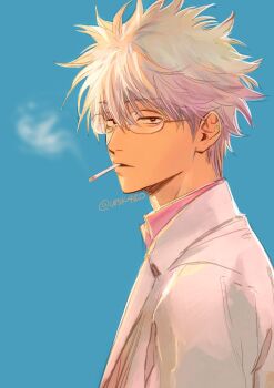 1boy blue_background cigarette collared_shirt from_side gintama glasses highres jacket looking_at_viewer male_focus mouth_hold pink_shirt rimless_eyewear sakata_gintoki shirt simple_background smoking solo suit_jacket twitter_username uraki_(tetsu420) white_jacket