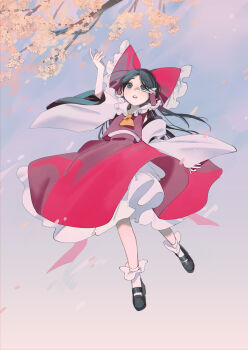 1girl absurdres arm_up bare_shoulders black_eyes black_hair black_shoes bow cherry_blossoms detached_sleeves floating frills full_body hair_tubes hakurei_reimu highres long_hair looking_up parted_lips pink_petals red_bow red_shirt red_skirt shi_chimi shirt shoes skirt sleeveless sleeveless_shirt socks solo teeth touhou upper_teeth_only white_socks